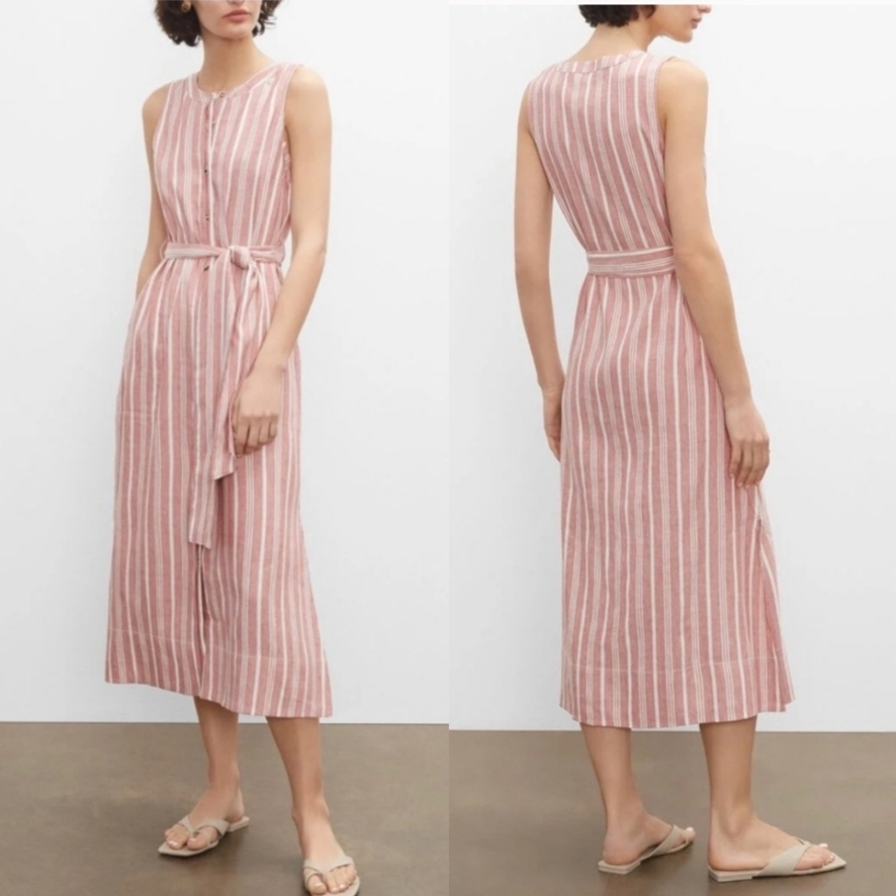 Club Monaco Linen Slub Striped Button Up Sleeveless Split Side Belted Midi Dress